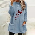 thumbnail image 2 of Lovskoo Fuzzy Fleece Pullover Tops for Women Winter Warm Round Neck Printed Long Sleeve with Pocket Solid Color Warm Top Light Blue, 2 of 5