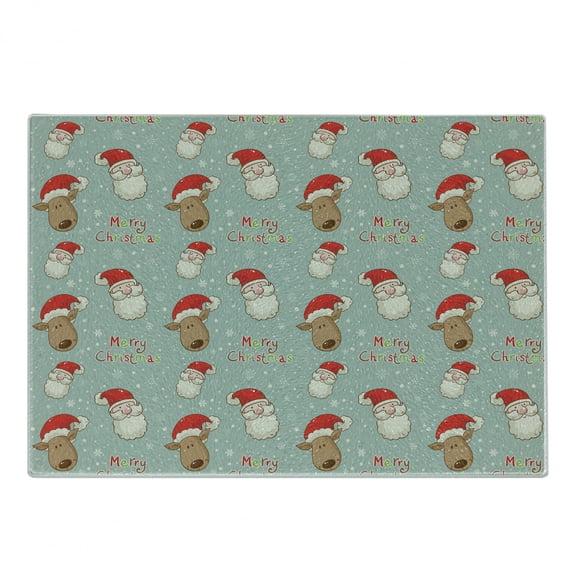 Christmas Cutting Board, Santa Claus and His Deer Celebrating Your Holiday Vintage Cartoon on Snowflakes, Decorative Tempered Glass Cutting and Serving Board, Small Size, Multicolor, by Ambesonne