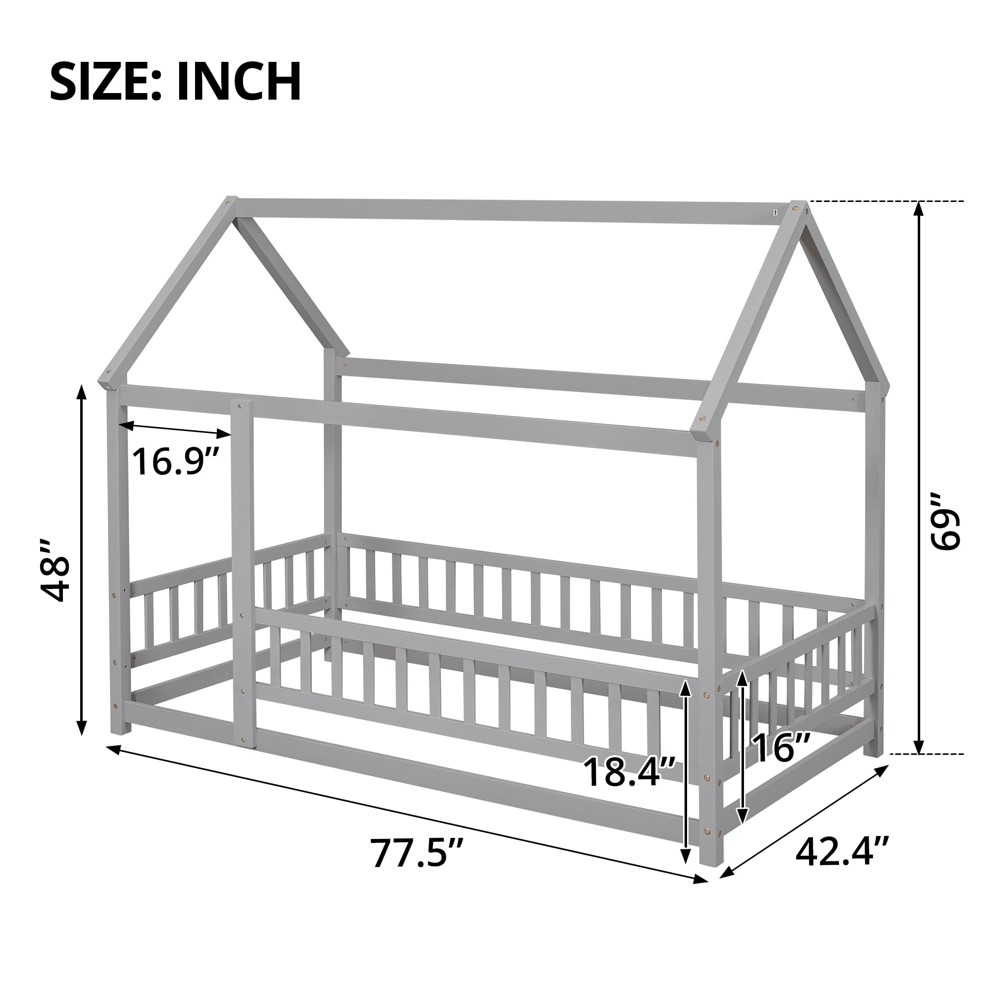 Twin Size Floor Bed, House Floor Wood Bed with Roof Frame for Kids Toddlers Teens, Montessori Bed Frame with Fence-Shaped Guardrail, without Slats, Gray