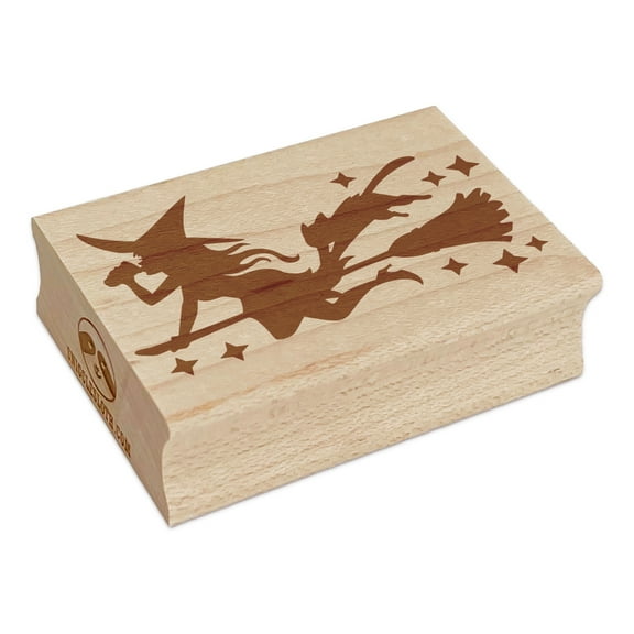 Witch On Broom Halloween Coffee Cat Rectangle Rubber Stamp Stamping Scrapbooking Crafting - Small 1.7in