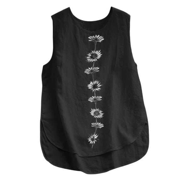 Womens Tops Daisy Print Round Neck Tank Top Summer Sleeveless Cotton Linen Loose Blouse for Casual Wear L Size Tank Tops for Women