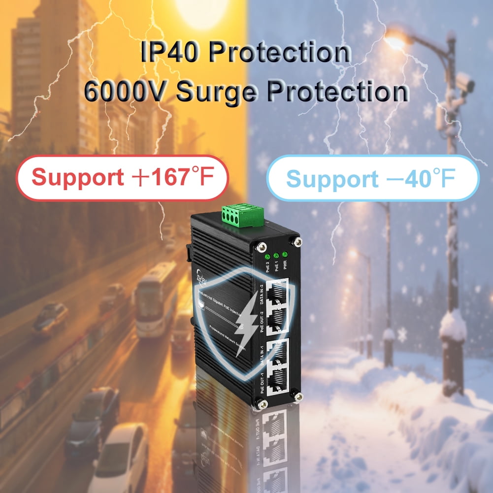 Industrial 2 Ports PoE Injector, Hardened Gigabit 30W PoE+ Injector IEEE802.3 at POE Adapter POE Midspan Max 60W Single Port Power Over Ethernet with 12-48V DC Input DIN Rail Mount