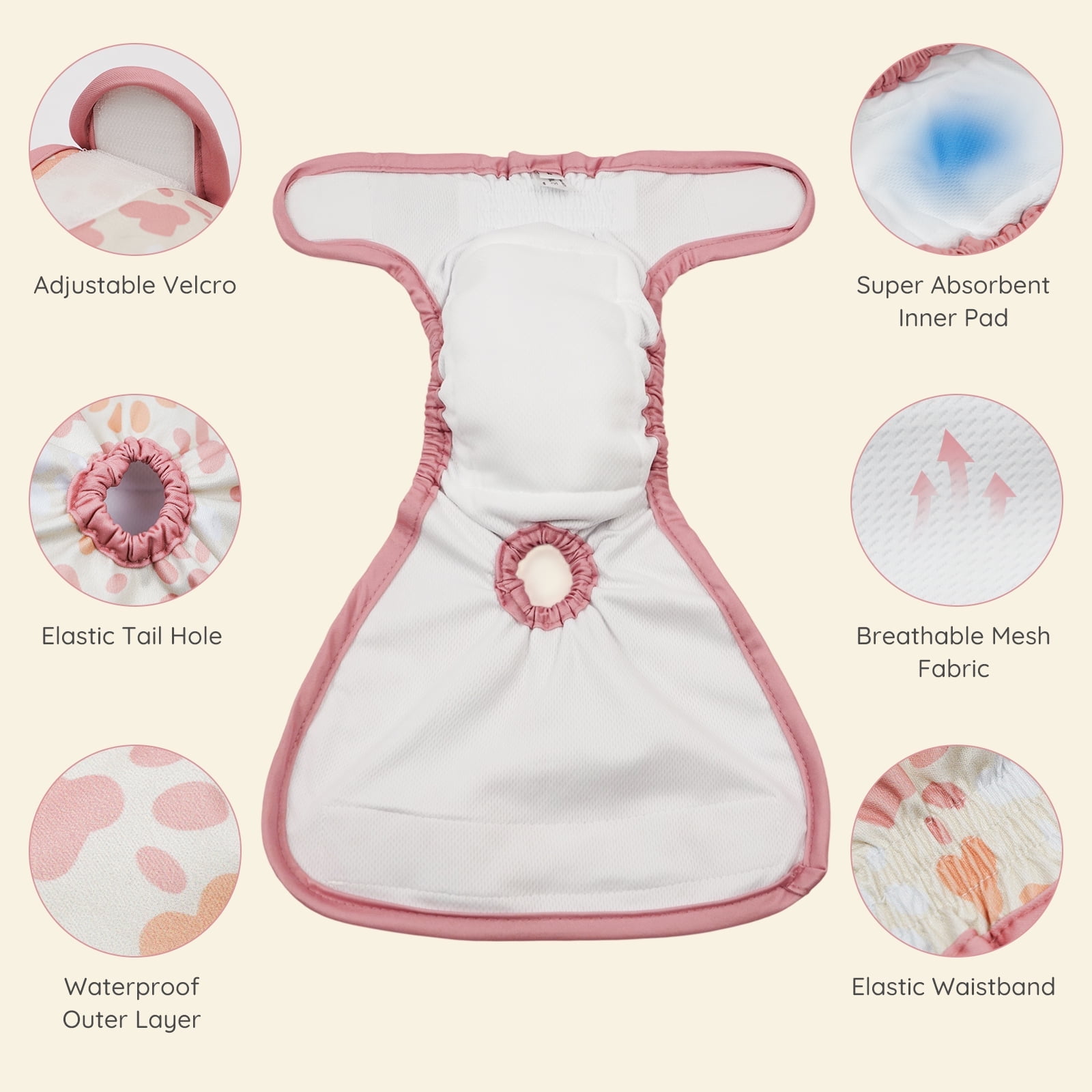 BELLA & PAL Pink Female Dog Diapers, 3-Pack, Highly Absorbent Washable Diapers for Small Dogs, Leak-Proof Puppy Diapers, S