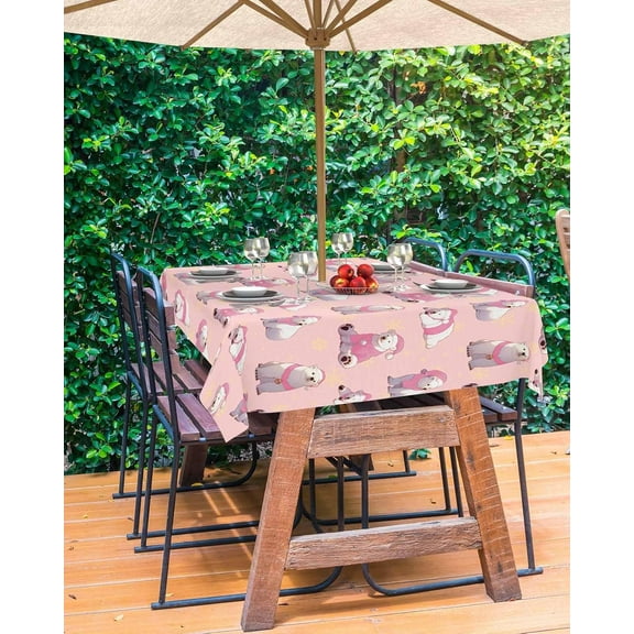 Pink Bear Christmas Outdoor Tablecloth - 60x84 Inch Rectangle Dining Table Cover, Winter Xmas Snowflake Waterproof Outdoor Table Cloth with Umbrella Hole & Zipper for Picnic/Patio/Party