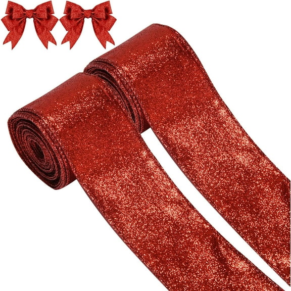 2 Rolls 20 Yards Christmas Ribbon Metallic Glitter Ribbons for Gift Wrapping, Shiny Curling Wired Edge Ribbon for Christmas Tree Wreath DIY Crafts Home Party Holiday Decoration, 2.5" x 10 Yd x 2