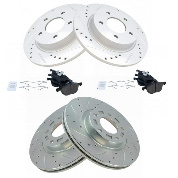 TRQ Front and Rear Performance Brake Pad & Rotor Kit Brake Pads Brake Rotors Set Ceramic Premium G-Coated Fits Select 2006-2013 Mazda 3