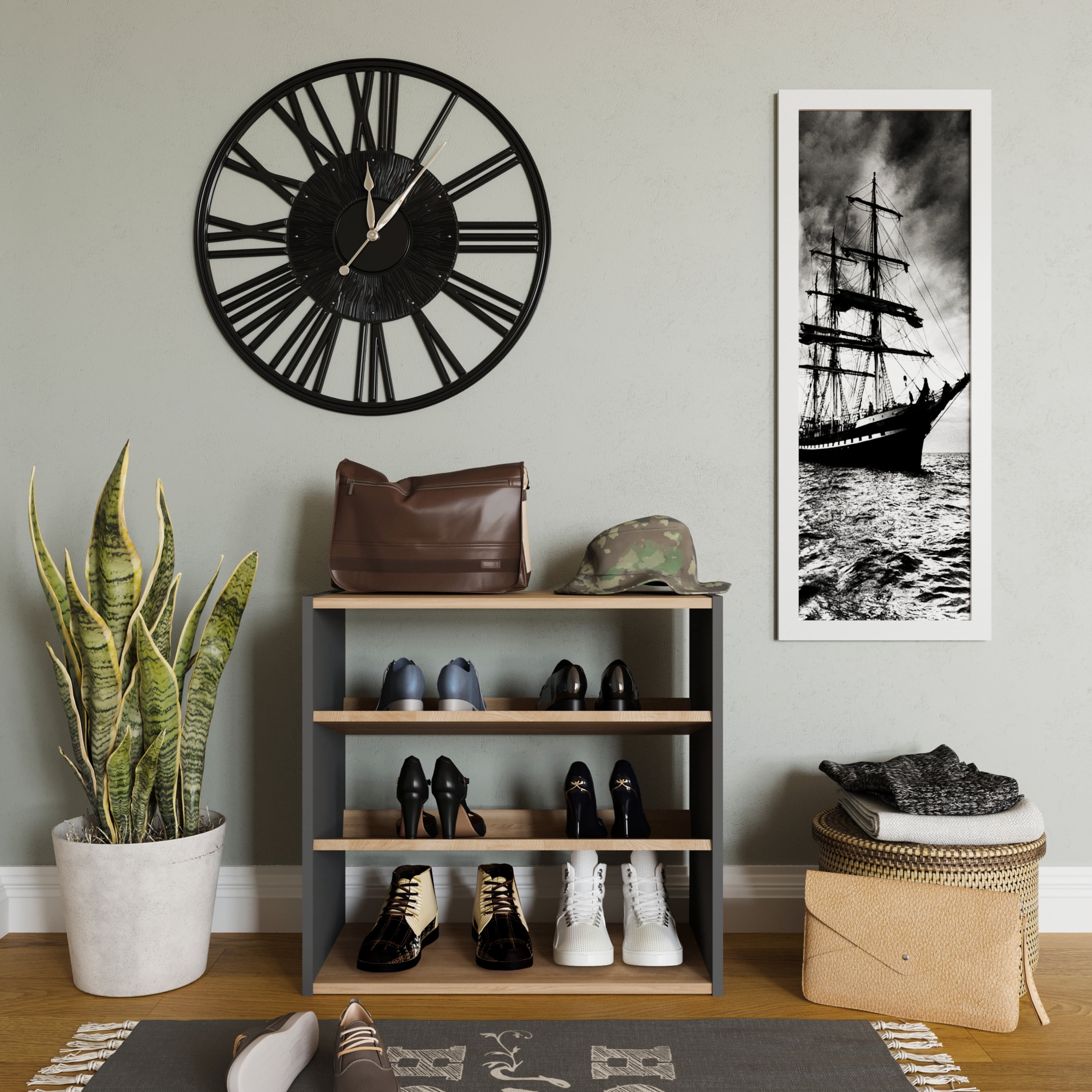 Ada Home Decor Furniture 3 Tier 9 Pair Anthracite Oak Marcey Modern Shoe Rack
