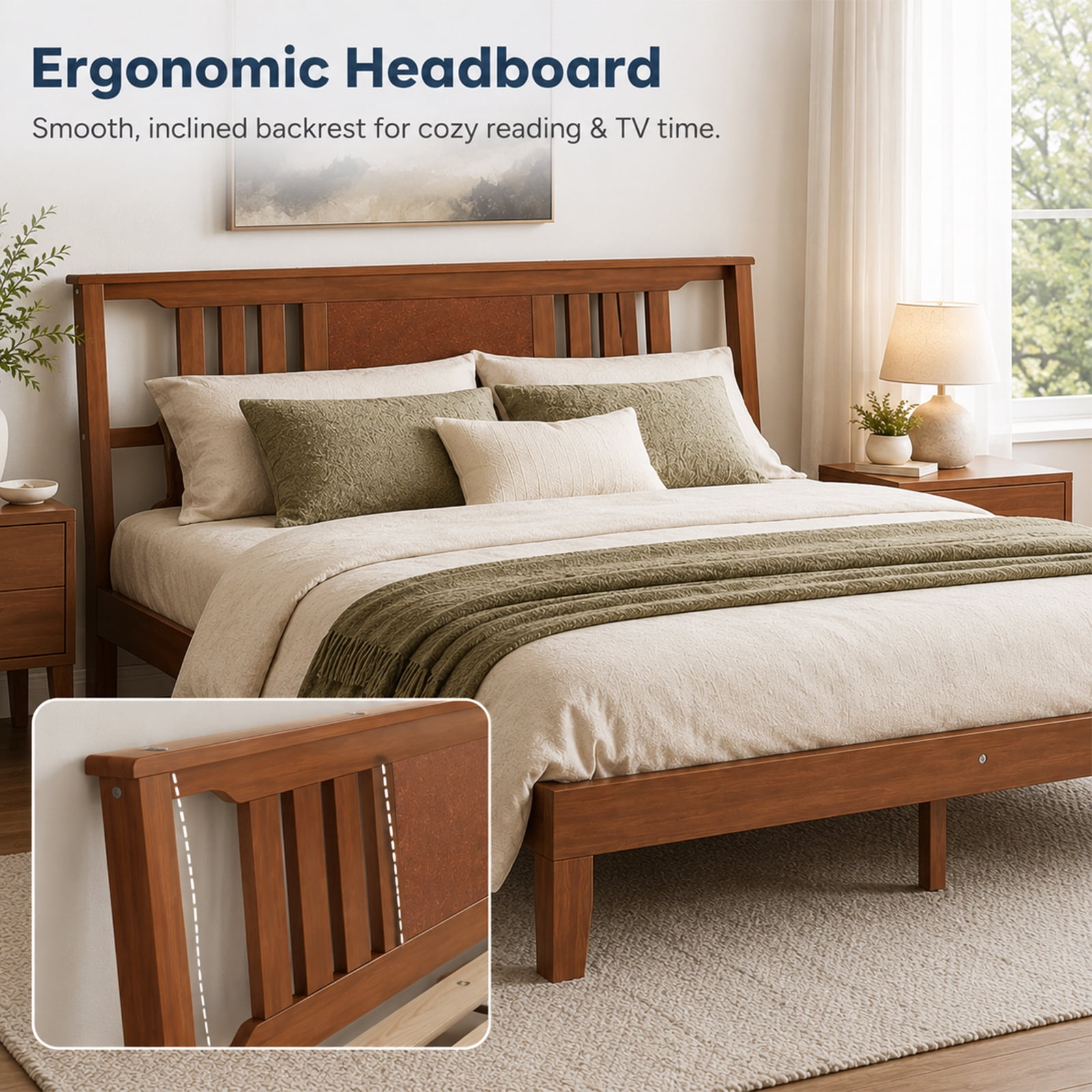 Alvantor Solid Pine Wood Platform Bed Frame with Ergonomic Headboard, 800 lbs Capacity