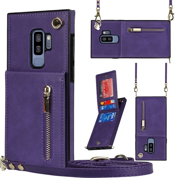 Crossbody Wallet Case for Samsung Galaxy S9 Plus with Card Holders RFID Shockproof Cover, Back Magnetic Flip Kickstand Zipper Slot Case, PU Leather Cover Handbag Shoulder Strap Phone Case,Purple