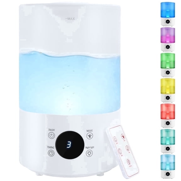 Humidifier for Bedroom, 4L Cool Mist Top-Fill 18H Long Time, Quiet 36db, Large Capacity Humidifier with Remote Control, 7-Color RGB Light, Auto Shut-off for House, Plant, Large Room