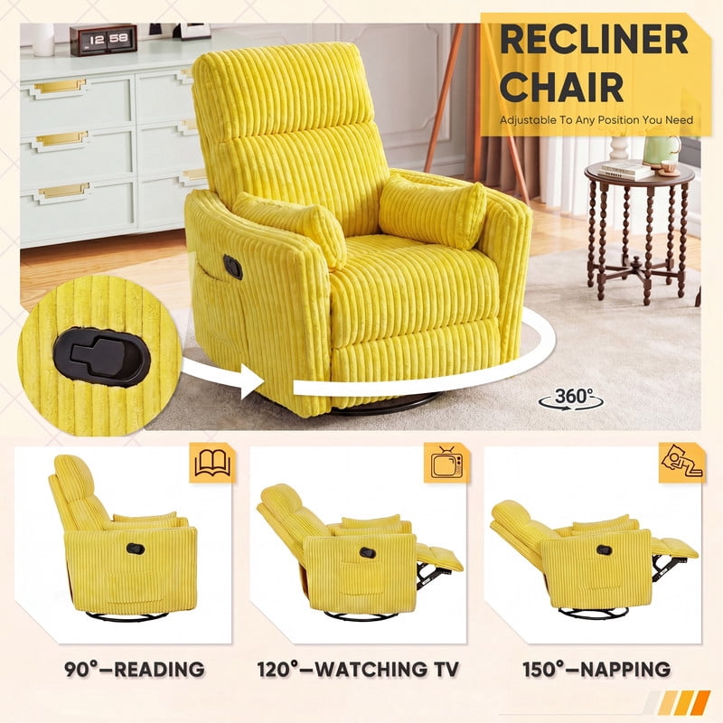 Furmax 360° Swivel Recliner Power Massage Rocker Chair Adult Glider Rocker with 2 Comfy Pillows for Nursery,Corduroy Yellow