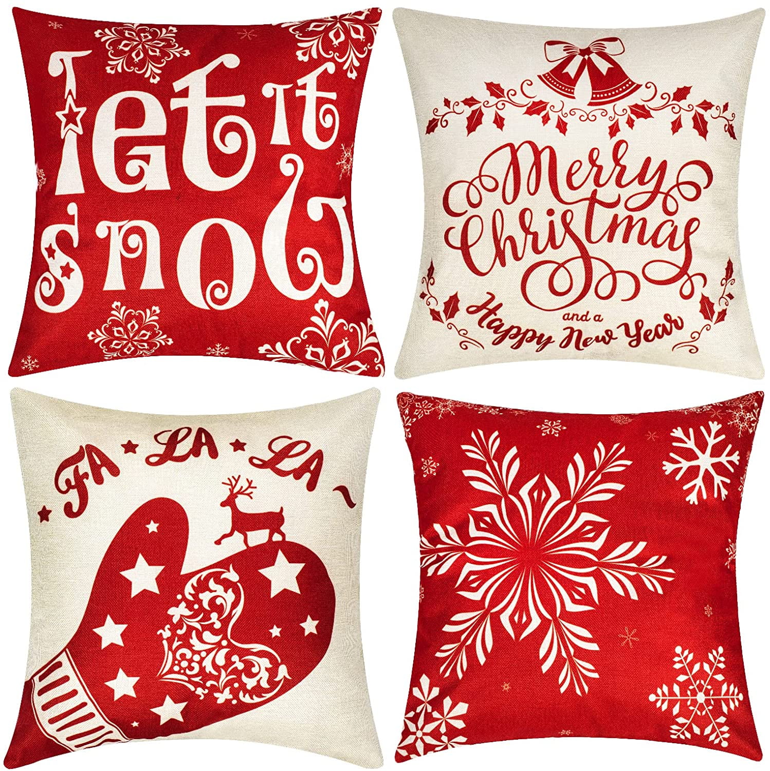 Christmas Pillow Covers 18x18 Inch Set of 4, Red Christmas Pillow Cases