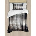 thumbnail image 3 of Winter Duvet Cover Set King Size, Scene of Dark Spooky Misty Forest Veiled with Fog Mystic Birches Print, Decorative 3 Piece Bedding Set with 2 Pillow Shams, Brown White, by Ambesonne, 3 of 3