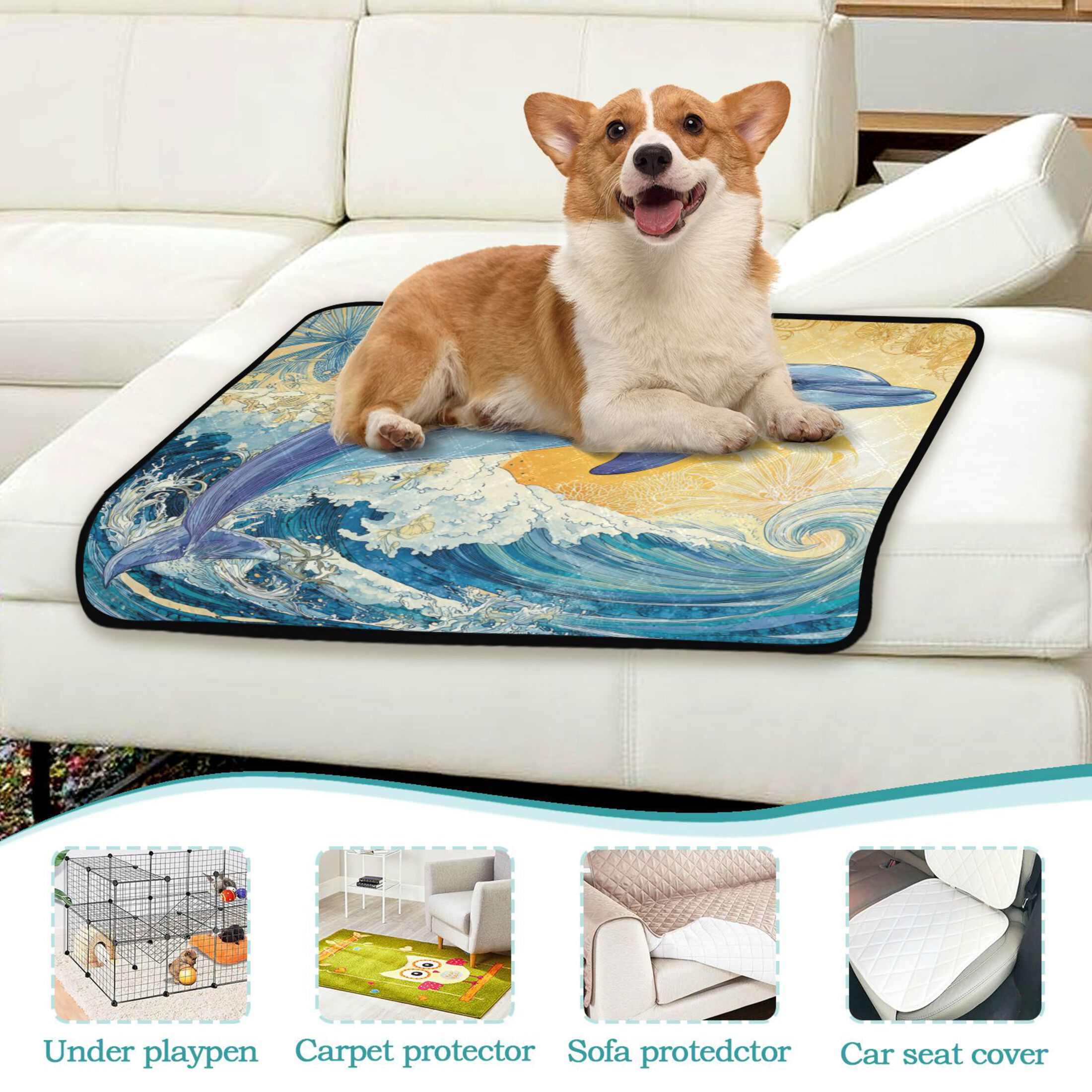 Qxltty Blue Dolphin Cat litter Pads Pet Set of 3 Diaper Mats Center Anti-leakage Layer Absorbent Soft and Comfortable