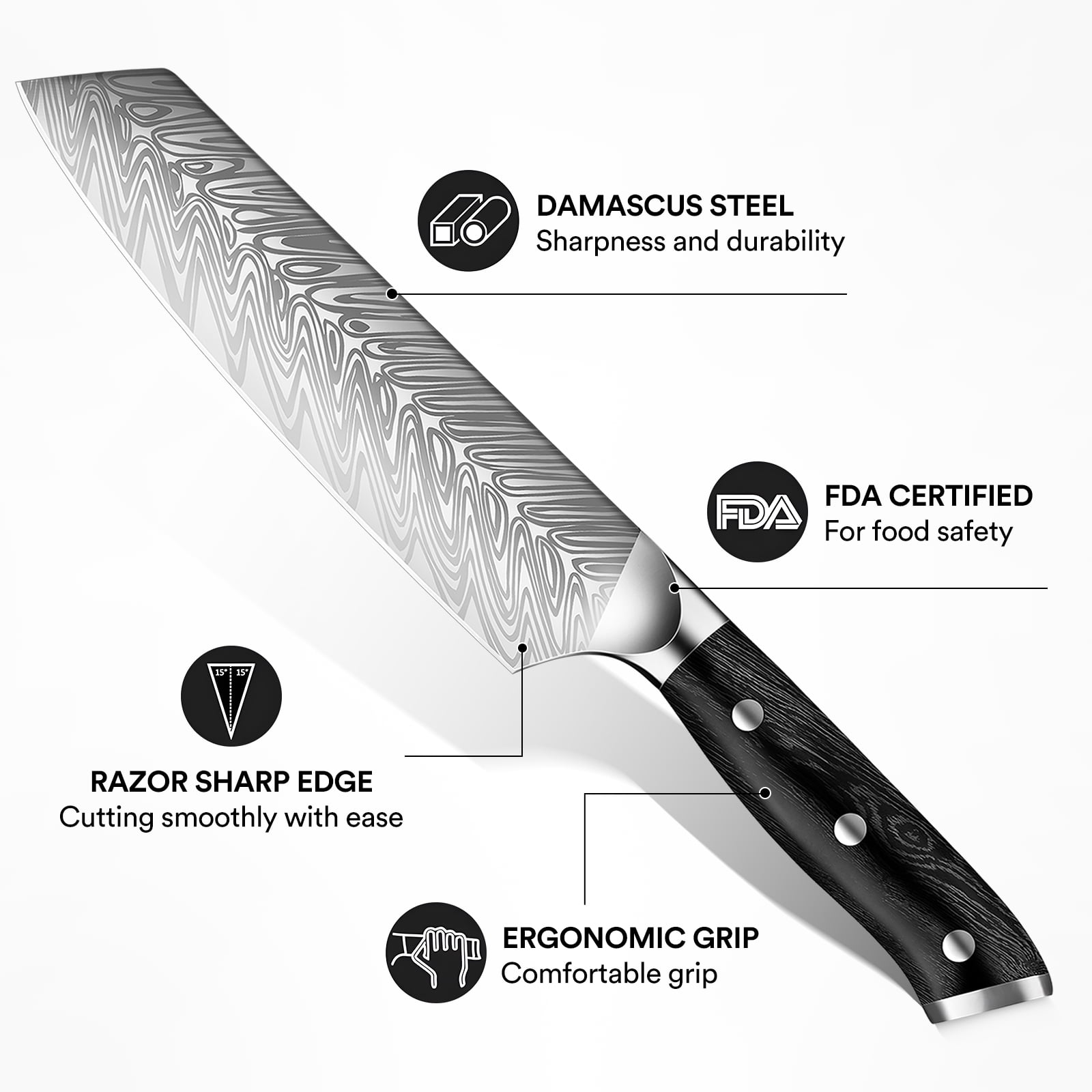 Badiano 8" Kiritsuke Cleaver Chef Knife,Steel Blade Meat Butcher Knife with 3 Rivet Handle,Silver