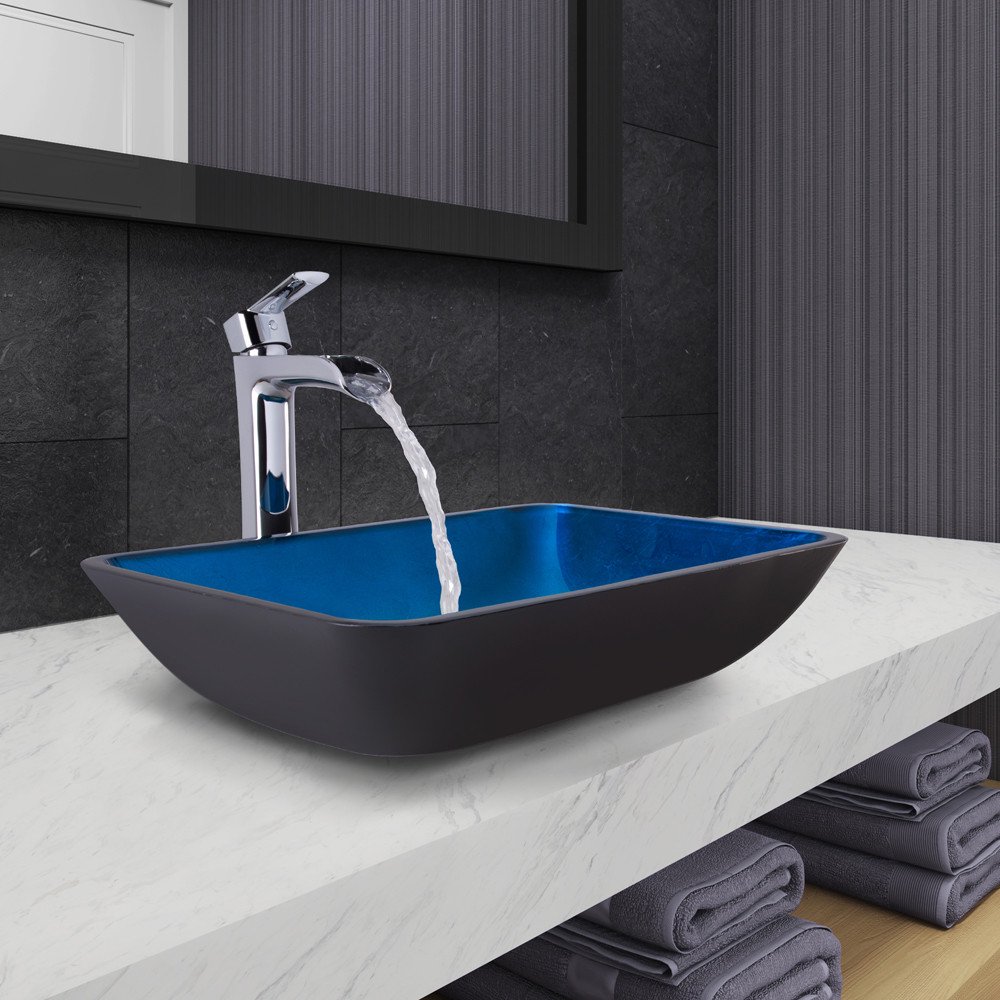 Vigo Rectangular Turquoise Water Glass Vessel Bathroom Sink and Niko
