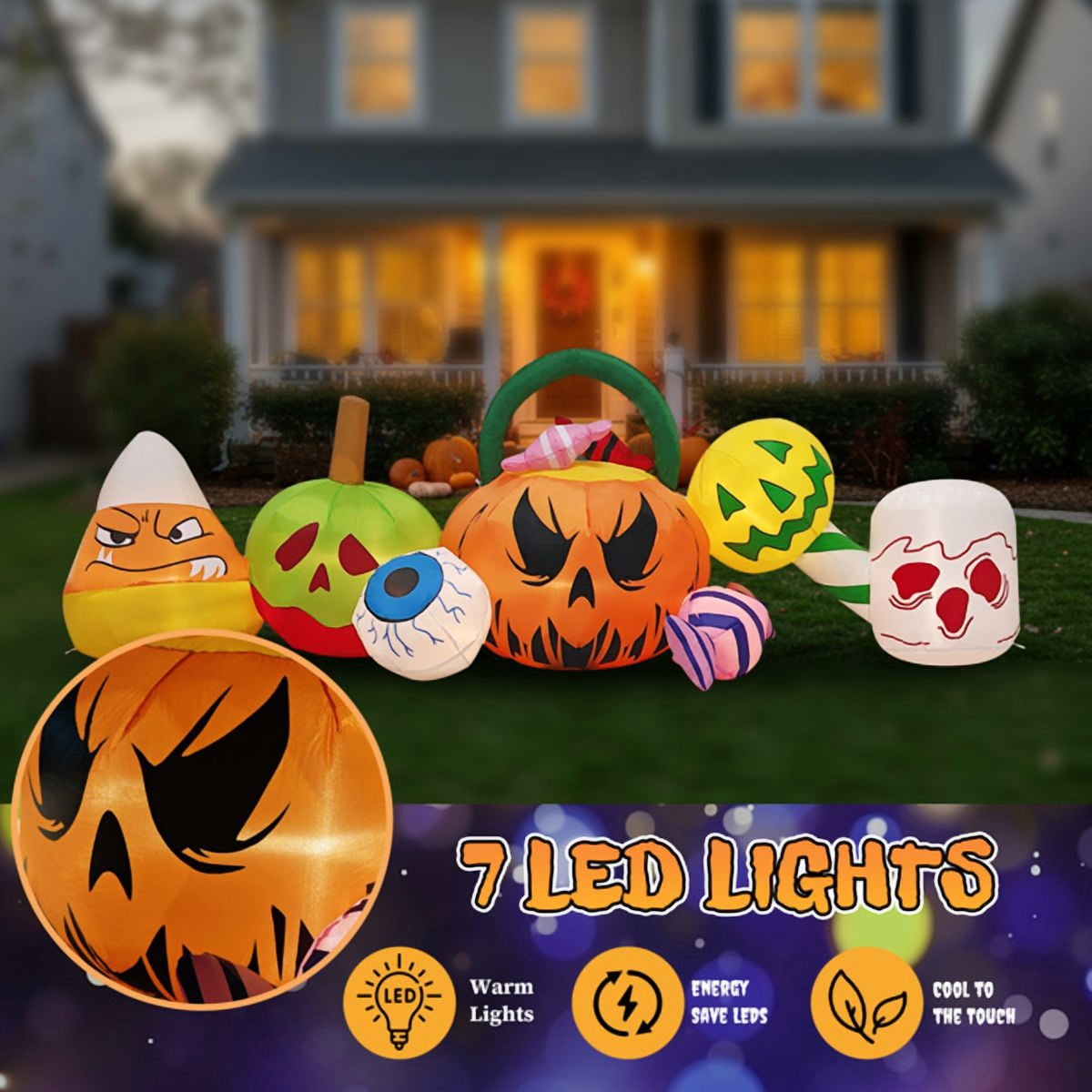 8FT Halloween Inflatable Pumpkin Ghost Scene - LED Lighted Outdoor Decor with Quick Inflation for Yard, Garden & Indoor Party