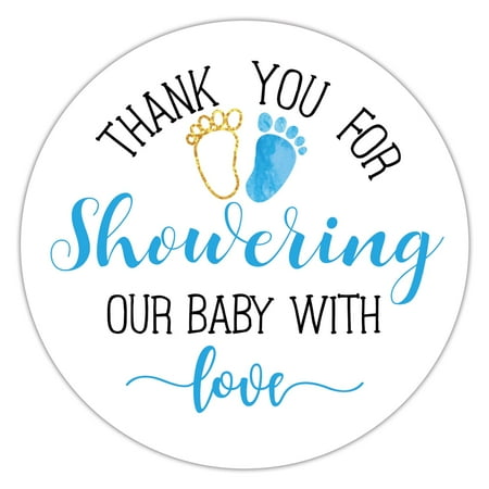 Blue Baby Shower Stickers, Thank You for Showering Our Baby with Love ...