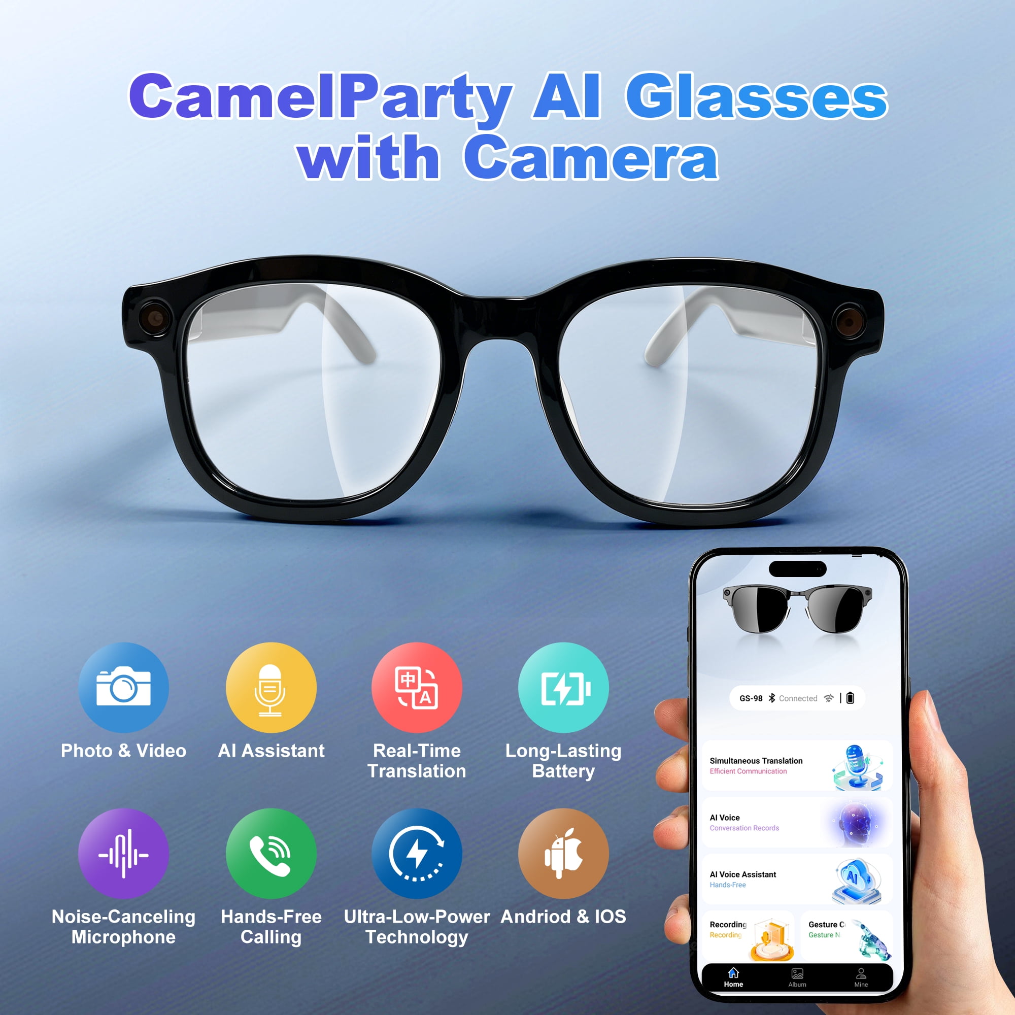 CamelParty AI Smart Glasses with Camera and Bluetooth, Recording Sunglasses with Voice Assistant, WI-FI, Real-Time Translation, Hands-Free Calls & Music
