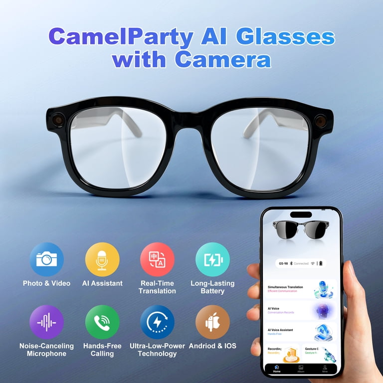 CamelParty AI Smart Glasses with Camera and Bluetooth, Recording