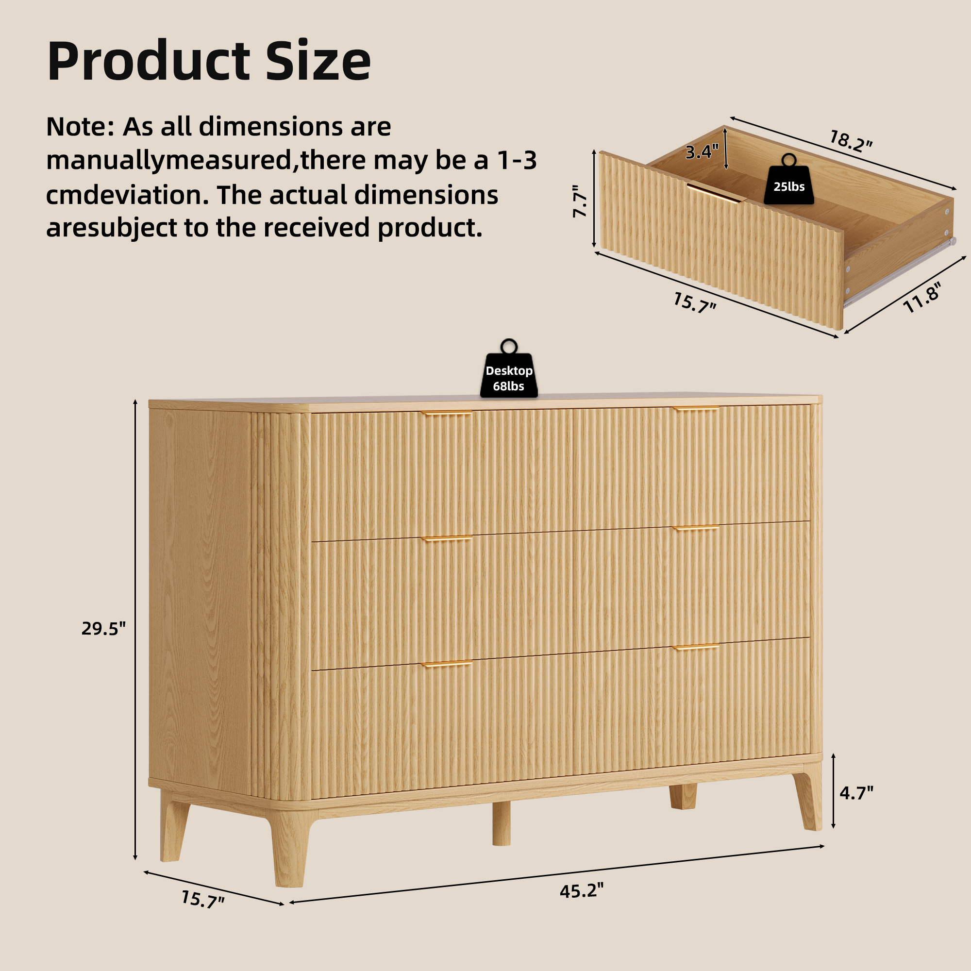 UGTOO 45.2"L 6-Drawers Dresser, Natural Wood Storage Cabinet for Bedroom & Living Room Slim Space-Saving Organizer with Smooth Gliding Drawers, 25 lbs/Drawer Capacity