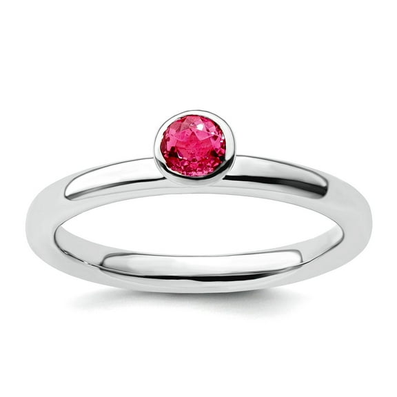 925 Sterling Silver Bezel Polished Stackable High 4mm Round Pink Tourm. Ring Size 8 Stackable Ring for Women