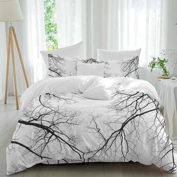 Black Branch Comforter Set Twin Size, Country Abstract Pale Bald Bough Swollen Farmhouse Soft Bedding Set for Man Woman, 4 Pieces Duvet Cover Set with Flat Sheet, 2 Pillowcases