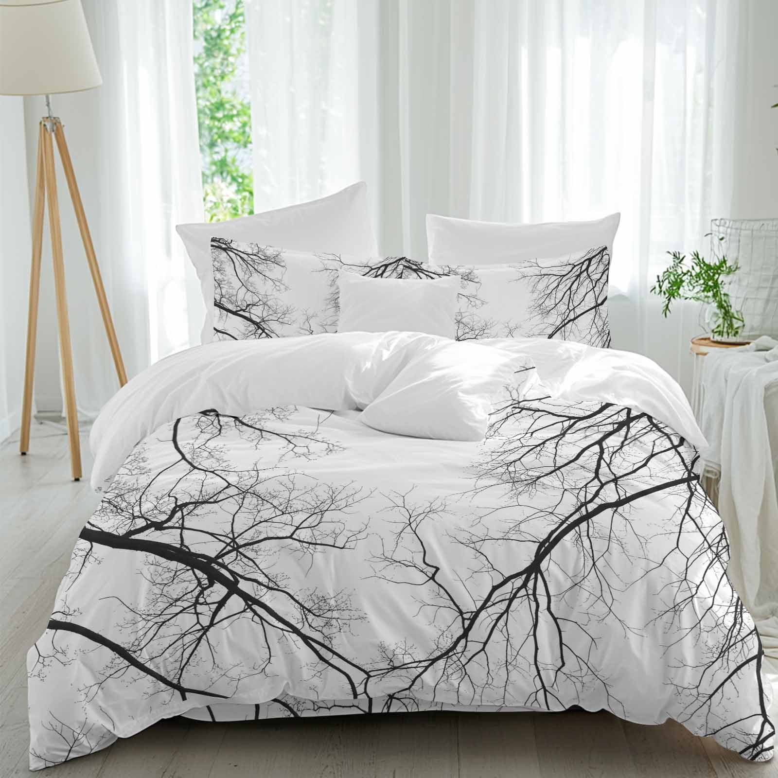 Black Branch Full Duvet Cover Set Country Abstract Pale Bald Bough Swollen Farmhouse 4 Piece Microfiber Bedding Set with Zipper Closure Bed Sheet and 2 Pillow Shams Soft Bedding Cover