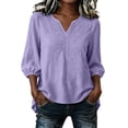 thumbnail image 2 of Smsaxvxz Womens Embroidered Cotton Linen Shirts Summer Fashion V Neck 3/4 Sleeve Casual Solid Loose High and Low Hem Blouse Tops Purple M, 2 of 8