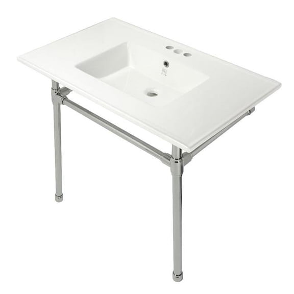 Kingston Brass  37 in. Dreyfuss Console Sink with Stainless Steel Legs - 4 in. 3 Hole, White & Polished Nickel