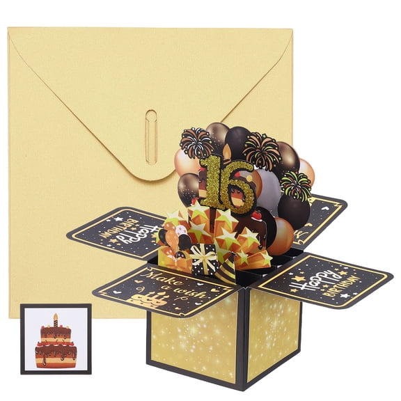 Uxcell 1 Pcs 3D Birthday Card, 16th Fold Out Birthday Card with Envelope and Small Card for Birthday Party Anniversary Celebration Surprise Greeting Gift, Black Gold Tone