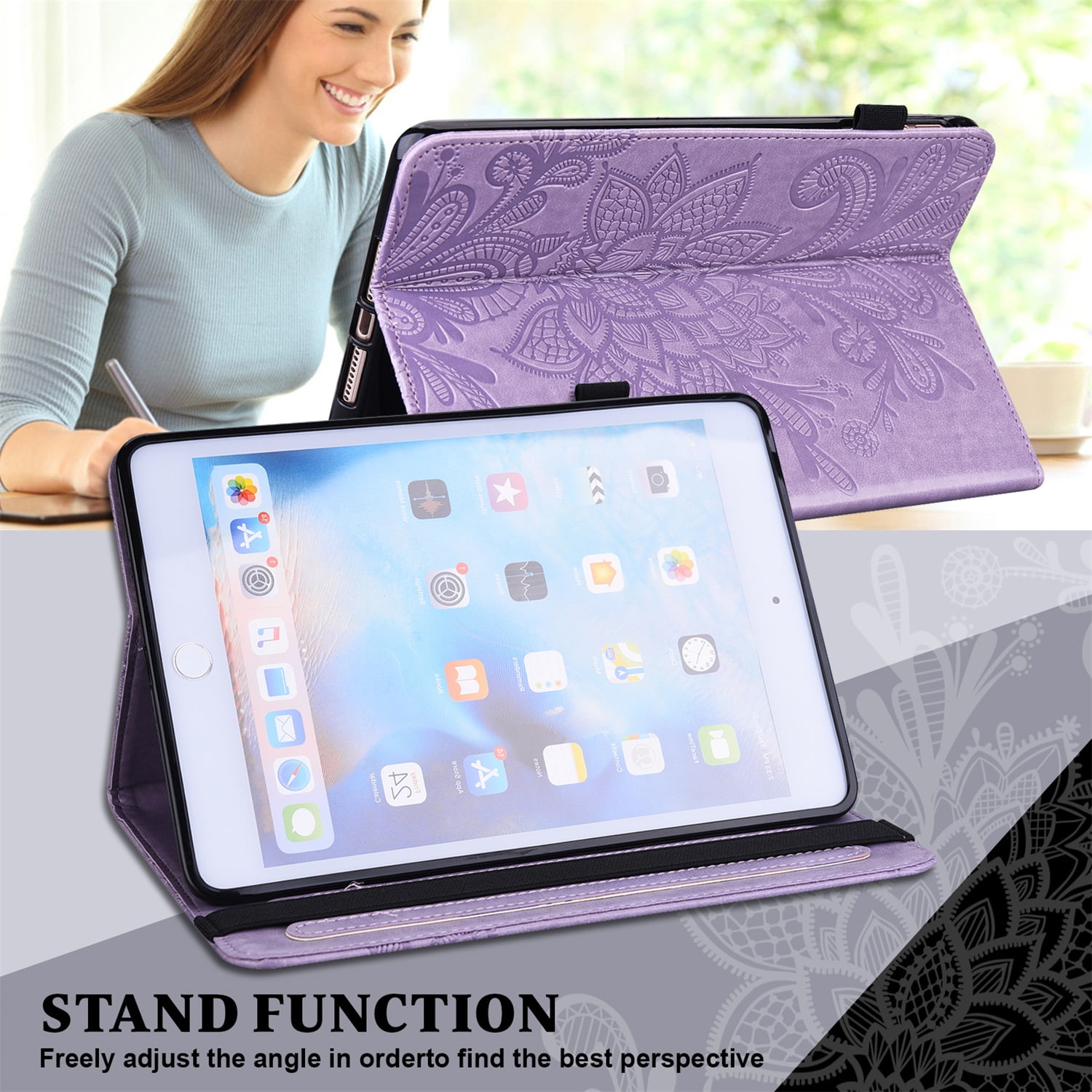 SaniMore for iPad 10th Generation 10.9" 2022 Embossed Case, PU Leather Case with Card Slot & Kickstand Pencil Holder & Hand Strap Shockproof Protective Case for Women Girls, Purple