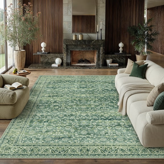 BERTHMEER 9'x12' Large Area Rugs for Living Room Bedroom Office Green Vintage Non Slip Washable Farmhouse Dining Room Oriental Traditional Floral Distressed Rugs