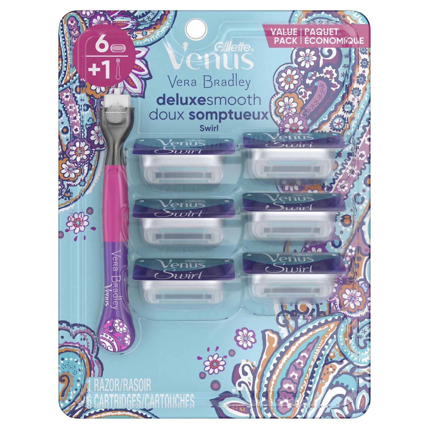 Gillette Venus Vera Bradley Deluxe Smooth Women’s Razor Handle + 6 Cartridges, 0MX