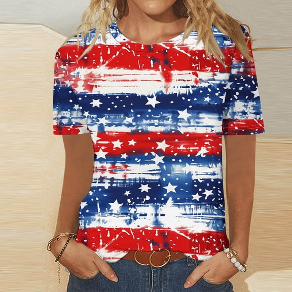 Vekome Red White Blue Shirts for Women Short Sleeve Plus Size USA Themed Pullover Tops Crewneck Holiday Fourth of July Tee Shirts Patriotic Outfits