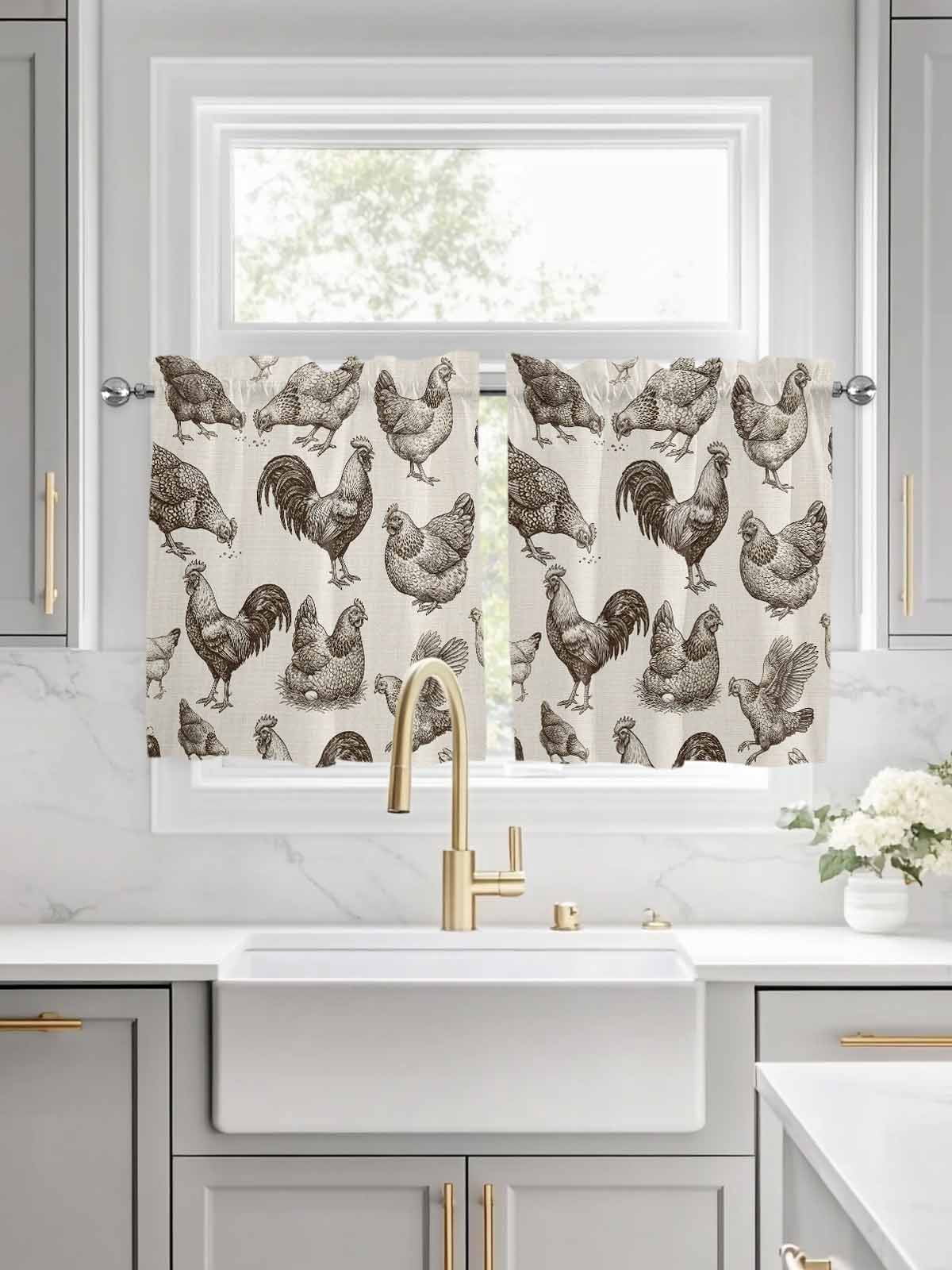 Farmhouse Rooster Kitchen Curtains Tier 24 Inch Length, Rustic Animals Vintage Linen Rod Pocket Light Filtering Window Curtains Living Room Bedroom Curtain Drapes Cafe Curtain 27.5''x24''x2