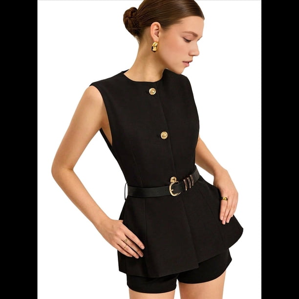 Blazer Sin Mangas para Mujer, Chaleco de Verano 2025, Moderno Chaleco de Traje de Negocios con Botones, Prendas de Abrigo Negro S