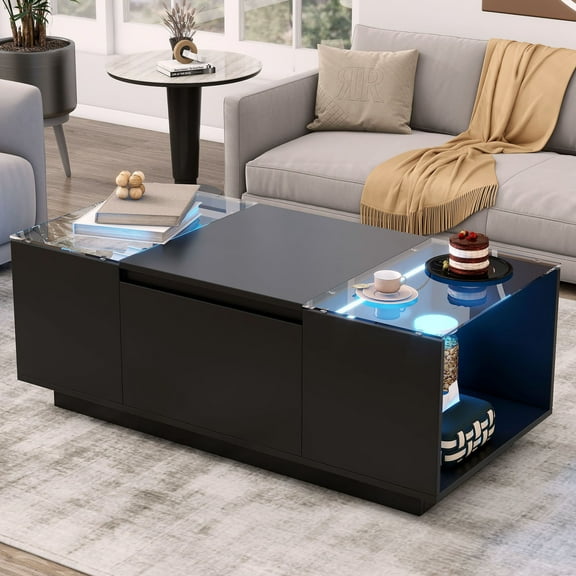 S-HOME Modern Led Coffee Table with High-Gloss Finish and Glass Top, Spacious 41.3 Inch Center Table for Living Room Style