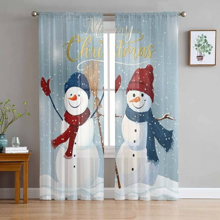 ERUNPONLY Grey Christmas Snowman Sheer Curtains 63 Inch Length 2 Panels Set Xmas Snowflake Winter Snowfall Voile Window Treatment Curtains Sheers Drapes for Bedroom/Living Room/Kitchen 52x 63 x2