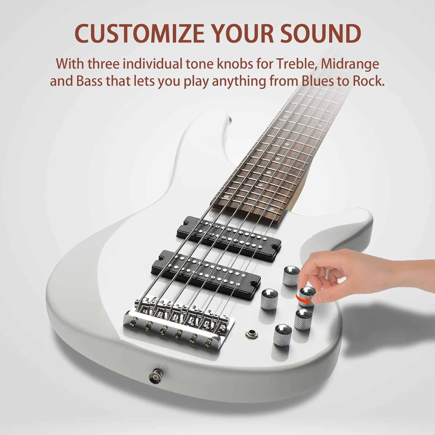 HarmonyStrings Bass Guitar 6 String Electric Bass Guitars, Beginner Bass Guitar with Professional H-H pickup, 3 Way Pickup Selector, Premium Cable, Unique Body Design for Beginner White Upgraded