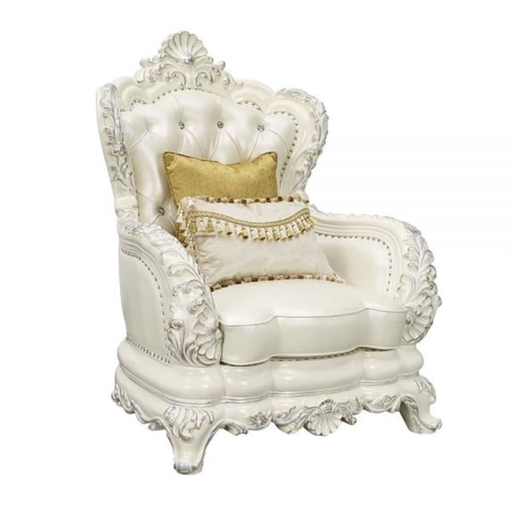 ACME Adara Tufted Faux Leather Chair with 2 Pillows in White and Antique White
