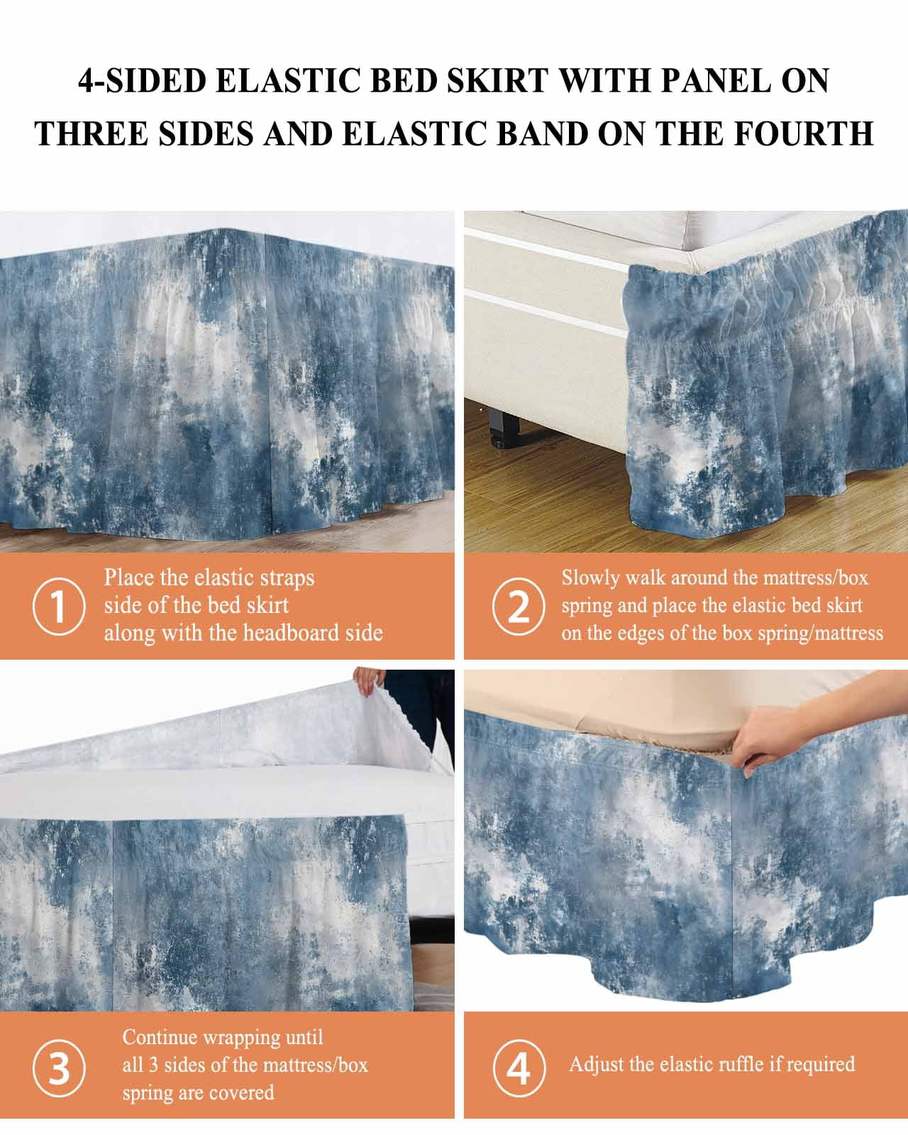 Blue Grey Wrap Around Bed Skirts for Queen Bed 16" Drop, Bed Skirt with Adjustable Elastic Belt Dust Ruffle Bed Valance for Bedroom Hotel Luxury Oil Painting Modern Abstract Bed Frame Cover
