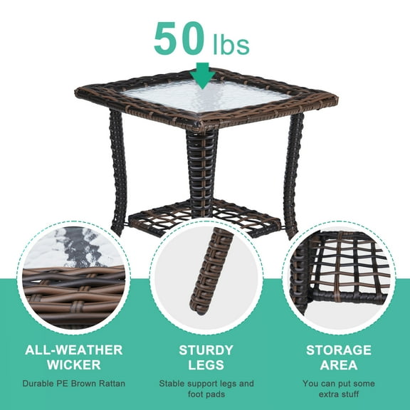 UBesGoo Rattan Table, Wicker Conversation Bistro Table with Tempered Glass Top, Wicker Stand for Outdoor and Indoor, Brown