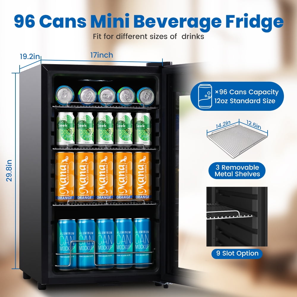 COLOZO Black Beverage Refrigerator Cooler, 96 Cans Freestanding Mini Fridge with Glass Door