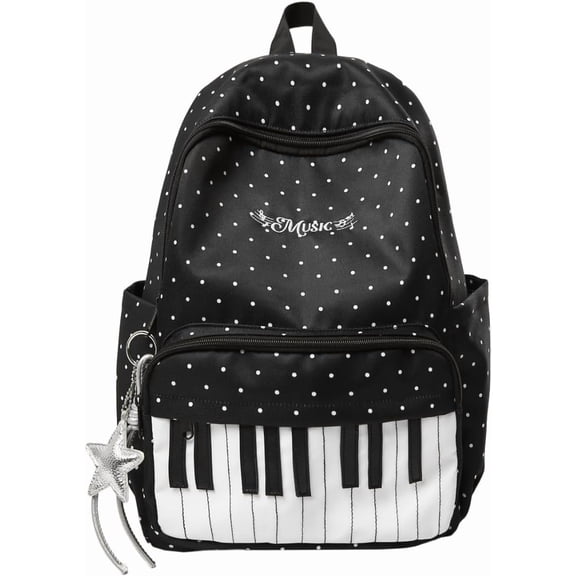 Piano Backpack for Women Nylon Polka Dot Cute Backpack Novelty Playful Bookpack for Campus Commute,Work,Travel (Black)