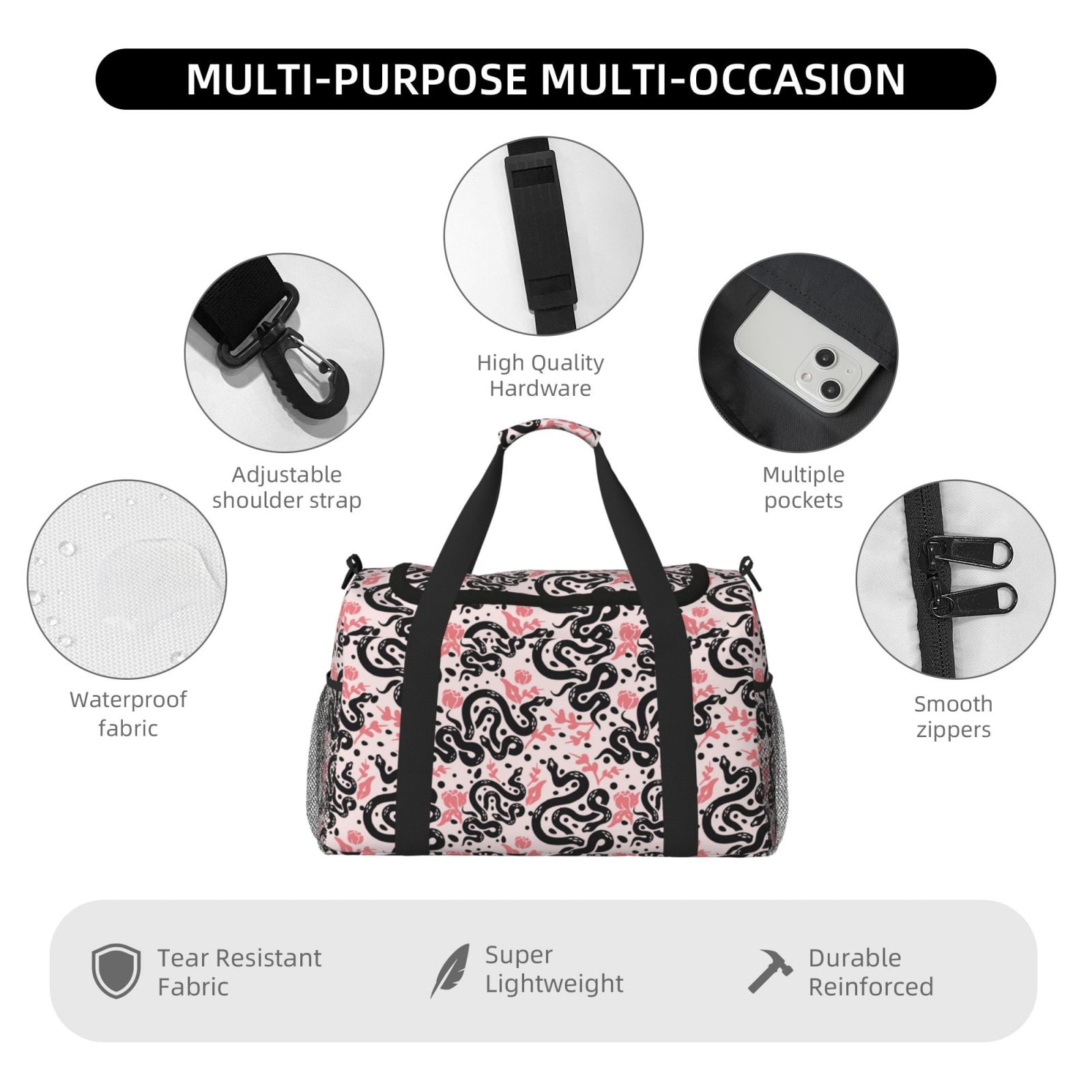 Fuzoiu Black Snake Print Travel Duffle Bag,Carry On Tote Bags,Duffel Bag,Sport Gym Bag, Hospital Bag for Labor and Delivery, Overnight Bag,Luggage Bag