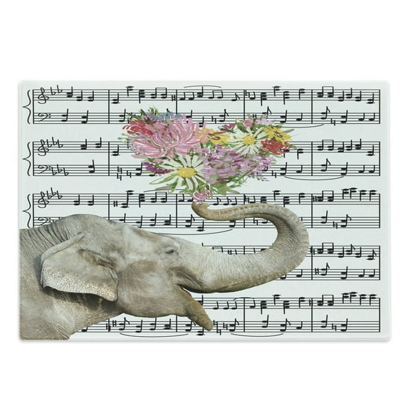 Elephant Cutting Board, Big Animal with Floral Heart Trunk on Musical Noted Background Graphic, Decorative Tempered Glass Cutting and Serving Board, in 3 Sizes, by Ambesonne