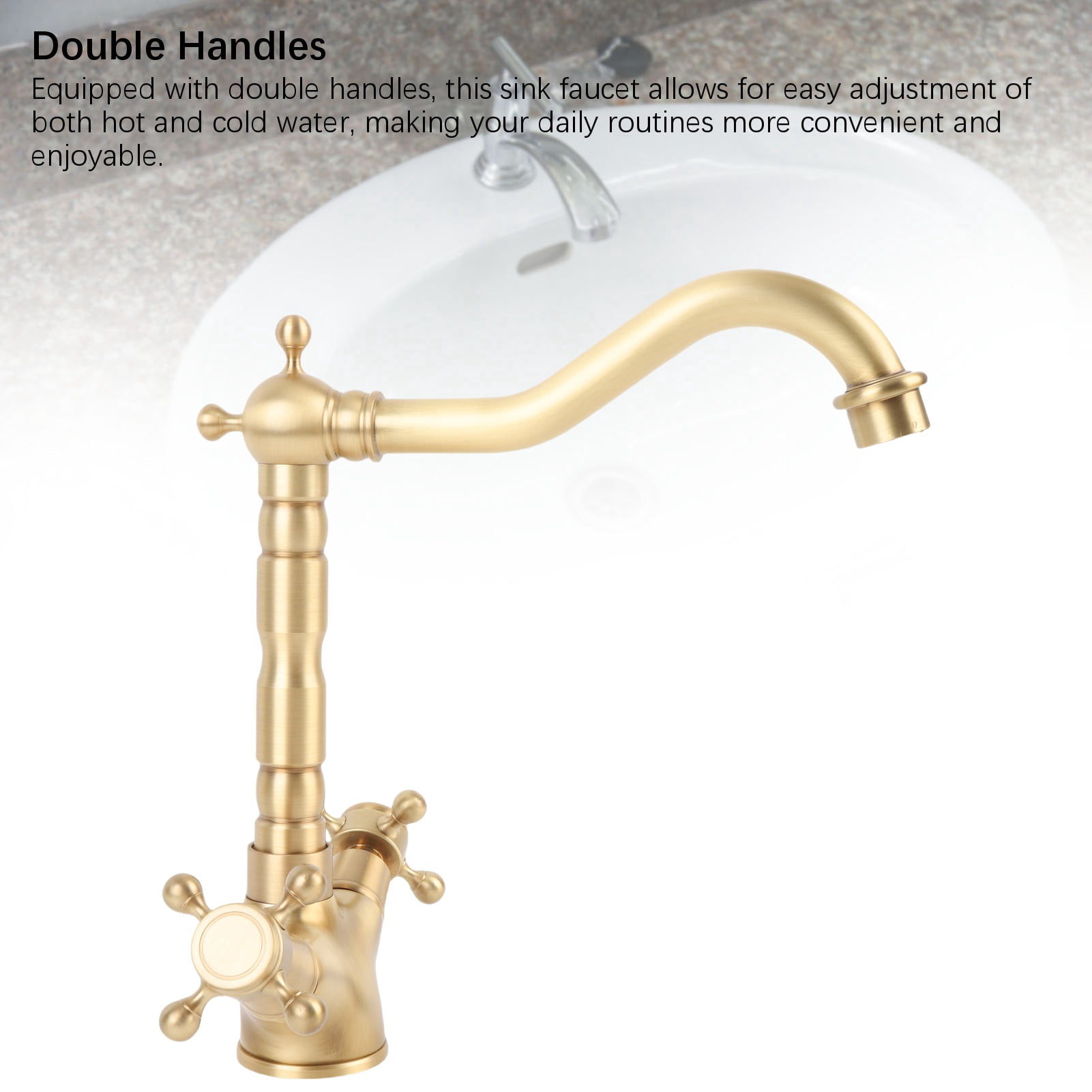 YAHHU Basin Faucet Short Brass Double Handle Cold Hot Water Swivel Sink Faucet for Kitchen Bathroom European Antique Style (9.4 inches / 24 cm)