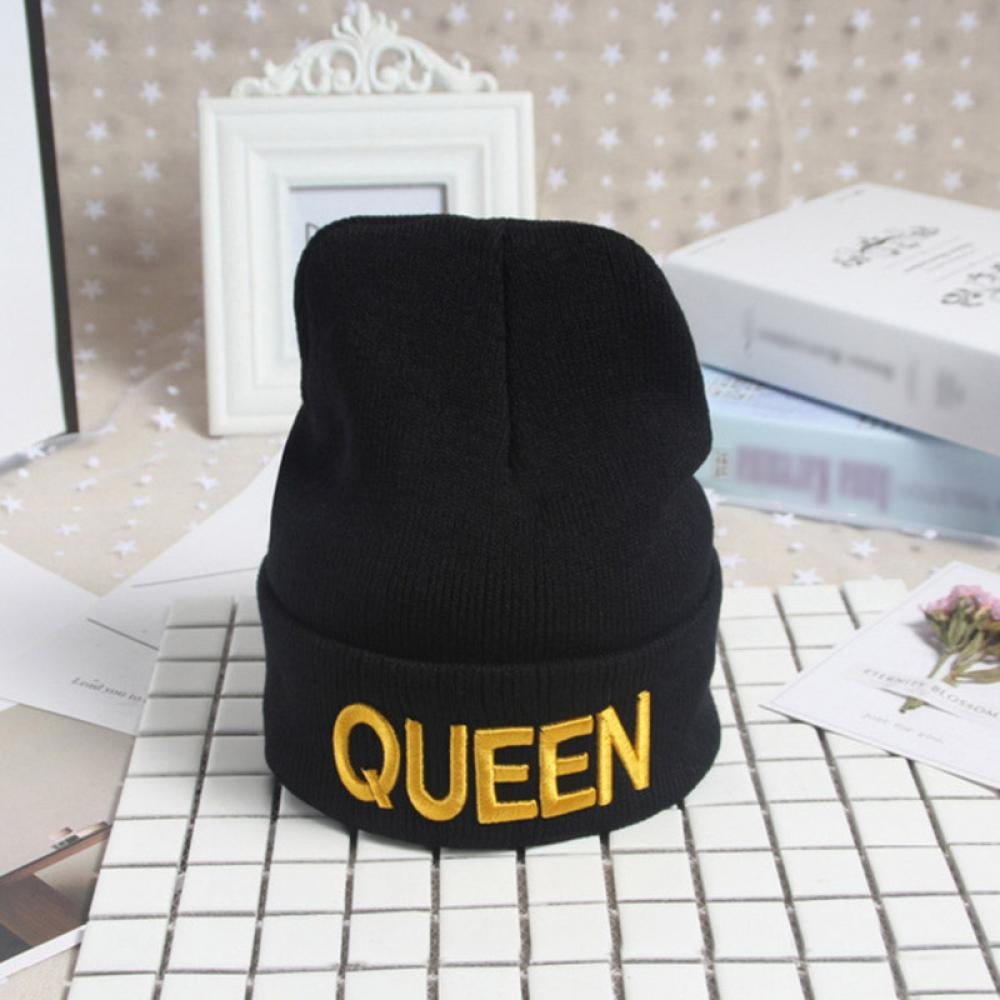 King Queen Crown Embroidery Unisex Knit Winter Warm Ski Hat Fold-Up Beanie Cap 