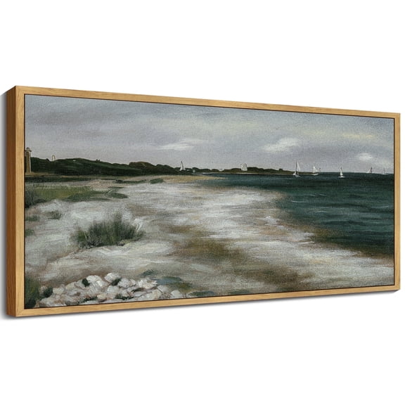 Drsoum 20x40in Natural Framed Vintage Landscape Seascape Large Canvas Wall Art Seaside Coastal Scenery Classic Hallway Bathroom Office Decor